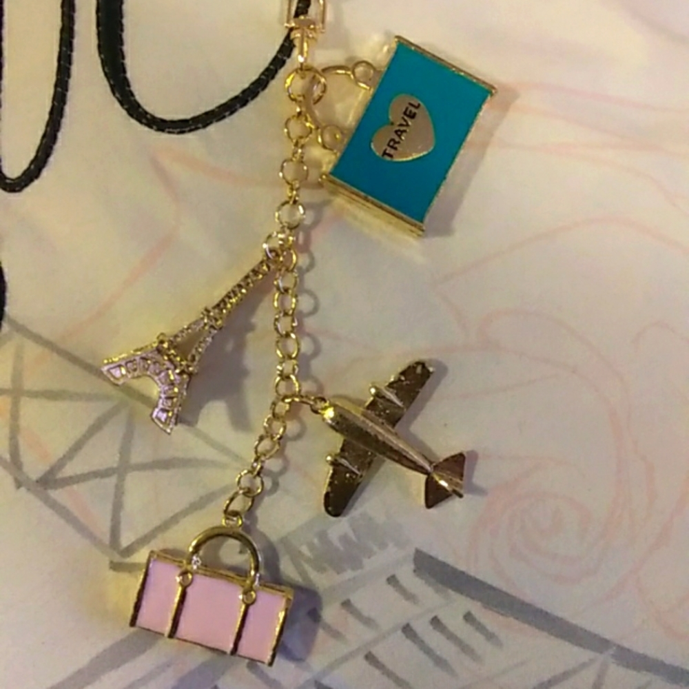 Keychain. Gold, Rhinestone, Pink, Teal Charms. 3.4 inches. NWT